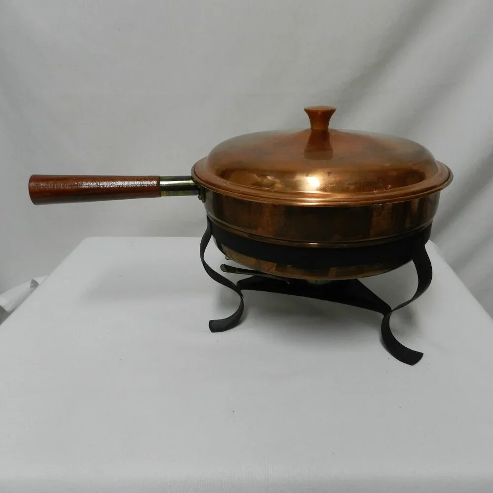 Old Dutch Design Brass Copper Chafing Dish Teak Wood Handle Vintage Mid Century